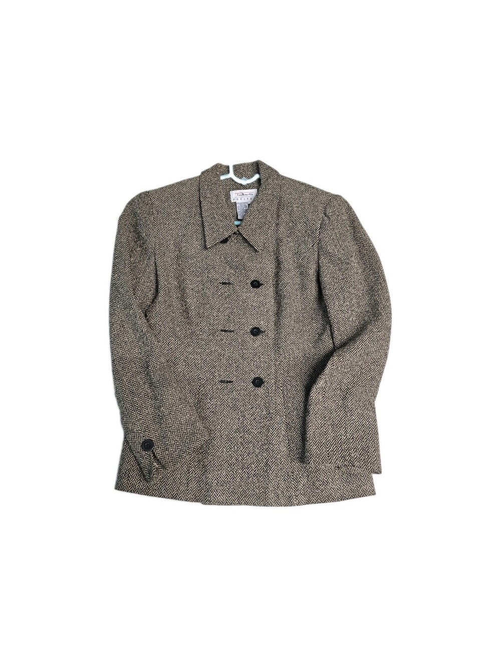 Talbots Petite Herringbone Blazer Jacket Double Breasted Brown Beige Vintage Sz4